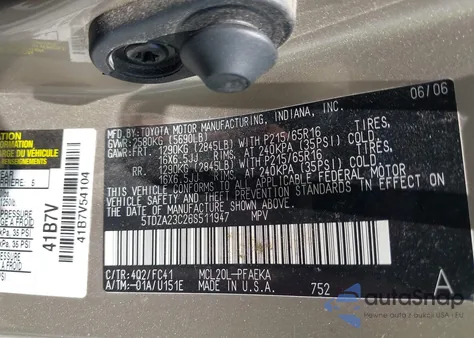 2006 Toyota Sienna Le из США, поврежденный, VIN 5TDZA23C26S511947